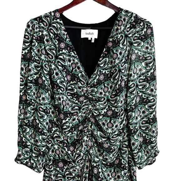ba&sh Fanny Ruched Mini Dress Size Large Womens Green Paisley Retro V-neck - Picture 3 of 9